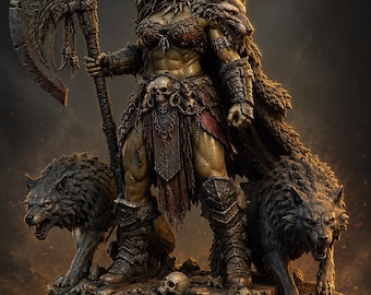 Beastmaster Ork Queen STL File für 3D Druck - Weiblicher Ork Kriegsherr Miniatur mit Wölfen - Tribal Barbarin Fantasy Figur aus Resin