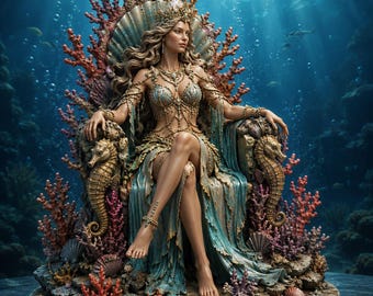Tide Crown Queen STL | Ocean Queen Miniature | Coral Throne Base | 2-Part Resin 3D Print Model | Fantasy Display Figure