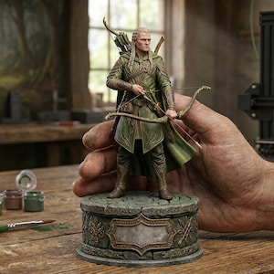 Puede incluir: Figura detallada de un arquero elfo con atuendo verde y marrón, sosteniendo un arco y una flecha. La figura se encuentra sobre una base de piedra decorativa. La escena incluye una mesa de madera con materiales de arte y una impresora 3D al fondo.