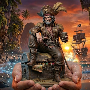 May include: A detailed illustration of a pirate figure seated on a treasure chest filled with gold coins and jewels. The pirate is holding a cup, with a ship and a tavern in the background. The scene is set on a beach at sunset.