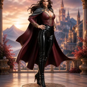 Peut inclure: Figurine détaillée d'une femme en tenue fantastique. Elle porte un haut bordeaux avec des détails dorés, un pantalon noir et une cape flottante. La figurine est sur une base ronde, avec un château et un coucher de soleil en arrière-plan.