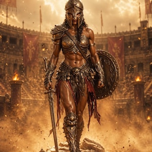 May include: A female warrior in bronze armour, helmet with red plume, and a shield stands in an arena. She holds a sword, with a skull on her skirt. The background shows a coliseum with banners and torches, in a warm, golden light.