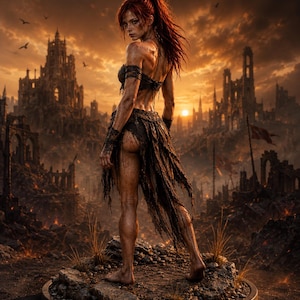 May include: A figurine of a warrior with long red hair, wearing a dark, tattered, textured outfit with arm bands. The figure stands on a rocky base against a backdrop of ruined stone structures and a sunset sky with birds flying in the distance.