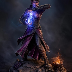May include: A detailed figurine of a woman in a dark purple and black outfit, conjuring blue energy. She stands on a rocky base with a skull and a small fire. The figure has a determined expression.