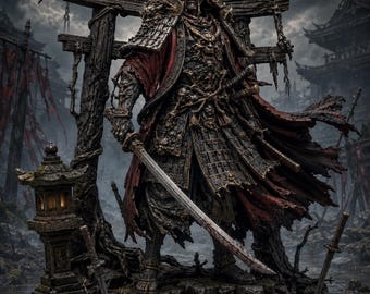 Figura imprimible de resina de 2 piezas con base separada: Daimyo samurái maldito / Miniatura de señor de la guerra japonés no muerto