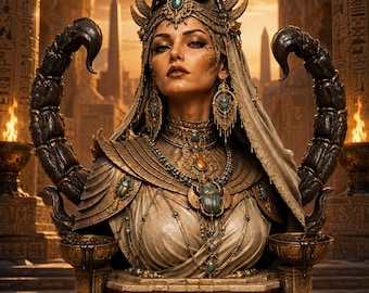 Puede incluir: Un busto decorativo que muestra una figura con un tocado dorado adornado con un escorpión negro, joyas intrincadas y detalles de escarabajos. La base está tallada con un escarabajo central, flanqueada por dos grandes colas de escorpión negras.
