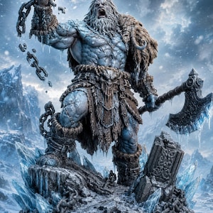 May include: A muscular, blue-skinned giant figure with a long beard and fur mantle, standing on a rocky, icy base. The figure holds a large, frost-covered battle axe in one hand and broken metal chains in the other, surrounded by sharp ice crystals.