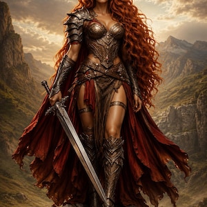 Op de afbeelding: Een krijgerfiguur met lang, rood haar en bronzen harnas staat op een stenen voetstuk en houdt een zwaard vast. Ze draagt een vloeiende rode cape. De achtergrond toont bergen en een bewolkte lucht, wat een fantasiethema creëert.