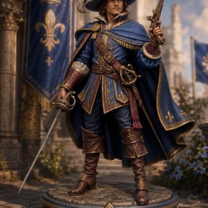 May include: A detailed figurine of a musketeer dressed in a blue doublet and cape with gold fleur-de-lis accents. The figure wears a wide-brimmed hat with a feather, holds a flintlock pistol in one hand and a rapier in the other, standing on a base.