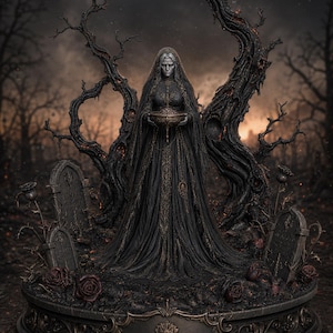 May include: A detailed figurine of a pale figure in a long black hooded gown holding a bowl, standing on a circular base with two tombstones, dark roses, and a twisted tree structure behind, all rendered in dark, weathered tones with metallic accents.