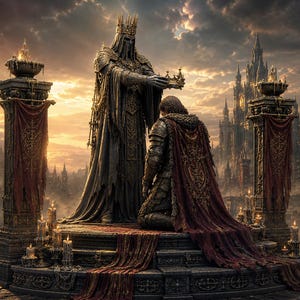 May include: A tall, dark-robed figure wearing a crown stands on a stone dais, placing a crown upon the head of a kneeling figure in ornate armor and a long red cape. Two stone pillars with burning bowls and red fabric accents flank the scene.