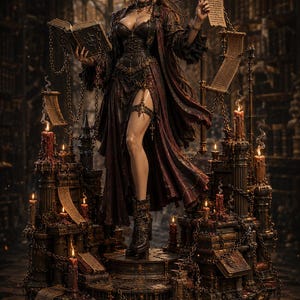 Może przedstawiać: Szczegółowa figurka fantasy kobiety w ciemnoczerwonej i czarnej sukni, trzymającej książkę i zwój. Postać stoi na platformie ze świecami i łańcuchami, w bibliotece. Ogólna estetyka jest gotycka i tajemnicza.