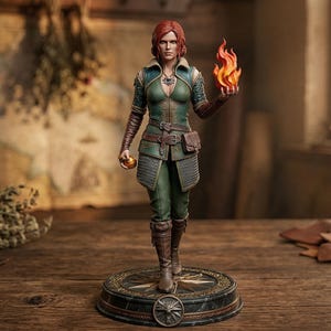 May include: A detailed figurine of a woman in a green and brown outfit, holding a flame in her right hand. The figure stands on a circular base with a compass design. The background includes a map and wooden table.
