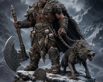 File STL di Fenrir Warlord per la stampa 3D – Miniatura di Berserker nordico con lupo incatenato – Statua in resina dark fantasy – Base separata inclusa