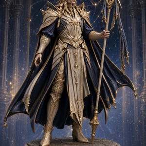 May include: A standing figurine of a long-haired figure wearing ornate cream and gold armor with a dark blue cape. The figure holds a tall gold staff topped with a star-shaped emblem and wears a star-shaped halo. It stands on a circular base.