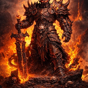 以下が含まれることがあります： デジタルイラスト。暗く装飾された鎧を着た悪魔の戦士が、燃える剣を持っている。角と赤い目があり、炎と頭蓋骨の中に立っている。ファンタジーまたはダークアートをテーマにした作品。