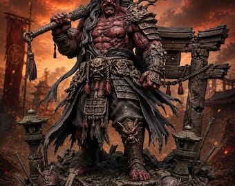 Oni Warlord STL | Japanese Demon Warrior Miniature | Kanabo Samurai Fantasy Statue with Separate Base for Resin 3D Printing