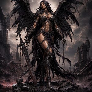 Pu&ograve; includere: Illustrazione digitale di un angelo oscuro con grandi ali nere e una spada. La figura, vestita con un'armatura nera, si erge su una piattaforma di pietra, con un paesaggio desolato sullo sfondo.