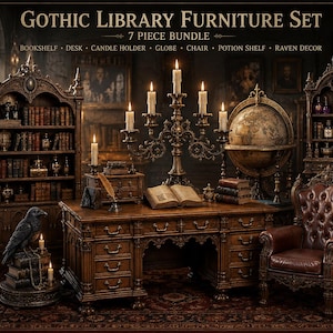 Puede incluir: Un juego de muebles de biblioteca gótica con escritorio, estantería, globo terráqueo, silla, candelabros, estante de pociones y decoración de cuervos. El conjunto incluye un gran escritorio de madera con cajones, una silla de cuero y una estantería llena de libros.