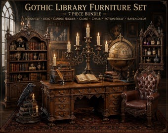 1:12 Dark Academia-bibliotheekbundelset STL-bestand voor poppenhuis – bundel Gothic Witchy-meubels – miniatuur studiedecor harsafdruk