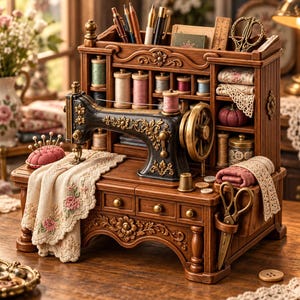 May include: A wooden sewing organizer featuring a miniature black and gold sewing machine, multiple drawers, and shelves stocked with colorful thread spools, fabric scraps, lace, buttons, a pincushion, and metal scissors in a holder.