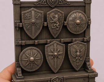 Exhibidor de escudos 1:12 STL, Armería de castillo medieval, Miniatura para casa de muñecas de fantasía, Soporte para escudos de caballero, Resina imprimible