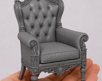 1:12 gotische leren stoel STL-bestand voor poppenhuis – Dark Academia-fauteuilminiatuur – Victoriaanse fantasiemeubels