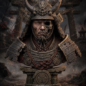May include: A detailed bust of a samurai warrior wearing a weathered, dark metal helmet with prominent horns and matching armor. The warrior's face is partially skeletal, revealing bone structure on the left side, set upon a stone pedestal base.