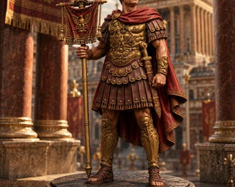 Puede incluir: Una estatua detallada de un general romano con armadura de oro y bronce y una capa roja oscura. La figura sostiene un bastón dorado alto rematado con un águila y las letras SPQR. La estatua se alza sobre una base circular de piedra con tallas.