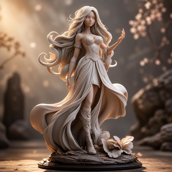Elegant Fantasy Woman STL, Anime Style Female Figure, 3D Printable Model, Resin Miniature Statue, Flowing Dress Character STL