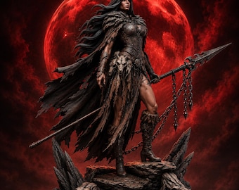 Blood Moon Huntress STL File for 3D Printing- Dark Fantasy Female Hunter Miniature – Gothic Spear Warrior Resin Statue – Wolf Huntress Model