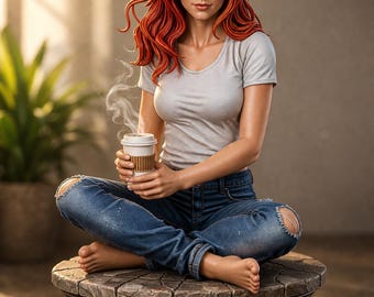 Può includere: Una persona con lunghi capelli rossi indossa una maglietta bianca e jeans blu strappati, tenendo in mano una tazza di caffè usa e getta. La persona è seduta a gambe incrociate su un piedistallo simile a pietra. Vapore sale dalla tazza di caffè.