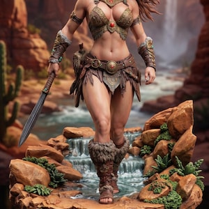 Op de afbeelding: Gedetailleerd beeldje van een krijgersvrouw, gekleed in een sierlijk bronzen harnas en een rok van bont, met een zwaard in de hand. Het beeld staat op een rotsachtige basis met een waterval op de achtergrond, tegen een canyonlandschap. Het beeld is ongeveer 30 cm hoog.