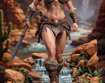 Savage Canyon Outcast 3D STL - Figura en miniatura de guerrera bárbara con base de cascada de rocas - Figura coleccionable de luchadora de fantasía oscura (proxy)