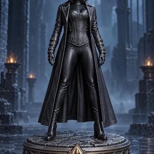 May include: A collectible figurine of a person with dark hair wearing a black leather-style trench coat, a structured corset, fitted trousers, and gloves. The figure stands on a circular, stone-textured base with a gold-colored fleur-de-lis emblem.