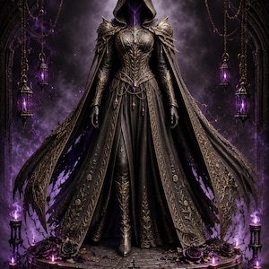 Pode incluir: Uma figura encapuzada em um vestido preto com detalhes dourados e uma longa capa. A figura está em pé em uma plataforma circular adornada com rosas e velas roxas. O fundo apresenta lanternas suspensas e uma atmosfera escura e mística.