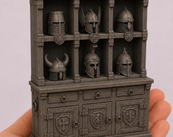1:12 Helmet Cabinet STL, Medieval Helmet Display, Castle Armory Furniture, Fantasy Dollhouse Miniature, Resin Printable