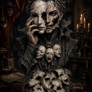 May include: A detailed sculpture of a figure with a weathered, cracked face holding a cracked white mask over one side. The figure wears a textured, dark, high-collared garment adorned with three small, expressive, cracked masks at the chest.