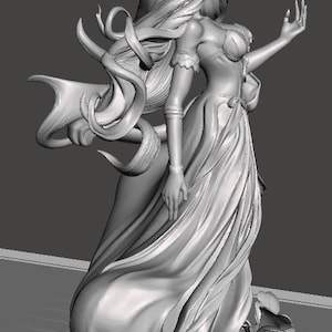 May include: A 3D-rendered statue of a woman with long, flowing hair and a draped gown. The figure is in a graceful pose, with one arm raised and the other at her side. The statue is in shades of gray.