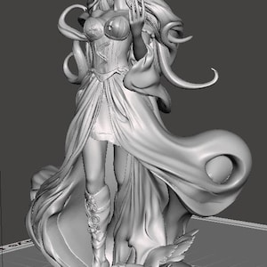 May include: A detailed 3D-rendered statue of a woman in a flowing gown. The figure has long, wavy hair and is posed with one hand raised. The statue is on a base with leaf details, showcasing intricate design.