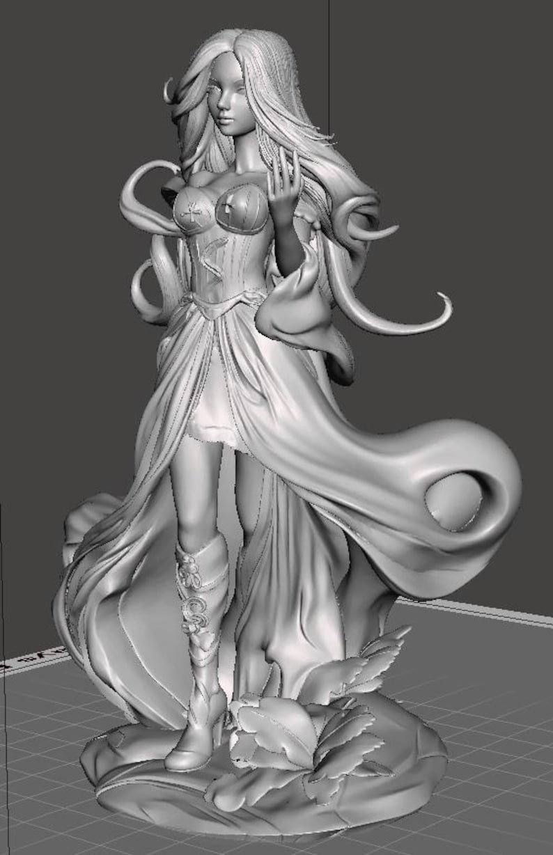 May include: A detailed 3D-rendered statue of a woman in a flowing gown. The figure has long, wavy hair and is posed with one hand raised. The statue is on a base with leaf details, showcasing intricate design.