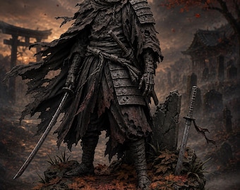 Ondode Ronin STL | Vervloekte Samurai Miniatuur | Skeletkrijger met aparte decoratieve basis voor 3D-printen met hars
