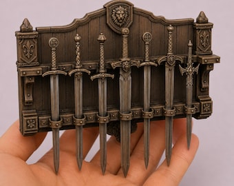 Soporte de pared para espadas a escala 1:12 (archivo STL), expositor de armas medievales, decoración de armería de castillo, miniatura para casa de muñecas de fantasía, resina imprimible.