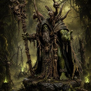 May include: A detailed fantasy statue of a green-skinned figure in a hooded cloak, holding a staff topped with a skull. The figure is adorned with skulls and bone-like decorations, set in a dark, overgrown forest environment.