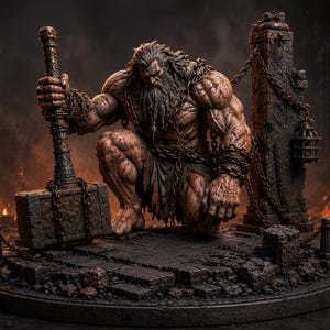 May include: A detailed sculpture of a muscular, bearded figure in a squatting position, holding a large hammer. The figure is chained and set against a backdrop of a fiery, dark environment. The sculpture is on a circular base.