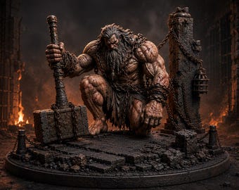 Titán encadenado STL / Miniatura de jefe gigante de fantasía oscura / Estatua de coloso de prisión para impresión 3D en resina