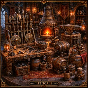 May include: A detailed miniature blacksmith's workshop scene. The image features a forge with a lit fire, an anvil, weapons, barrels, and a workbench. The scene is set in a dimly lit room with a stone floor and wooden furniture. The text "1:12 SCALE" is at the bottom.