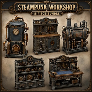 1:12 Scale Steampunk Workshop STL Bundle | Workbench Gear Rack Steam Boiler Tool Cabinet Pressure Tank | Dollhouse Decor STL