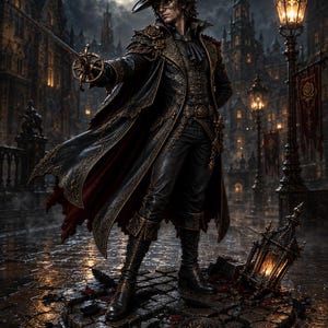 May include: A detailed figurine of a masked swordsman wearing a wide-brimmed hat with feathers, a long dark coat with gold embroidery, and tall boots. The figure holds a rapier in a forward stance, standing on a circular cobblestone base.