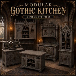 1:12 Modular Gothic Kitchen STL Bundle, Medieval Dollhouse Kitchen Furniture Set, Fantasy Castle Miniatures, 5 Piece Resin Printable